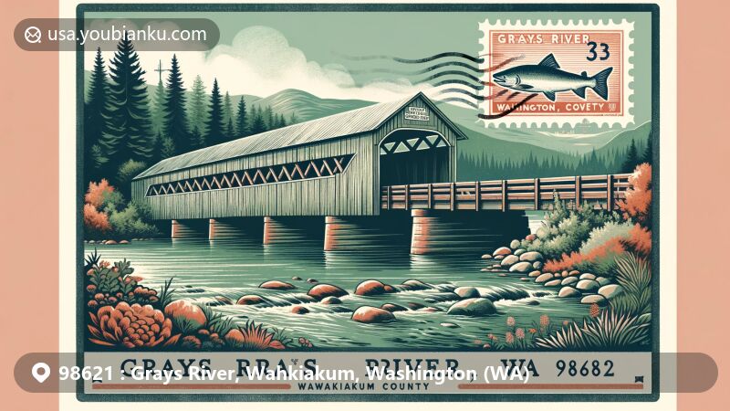 Modern illustration of Grays River, Wahkiakum, Washington, highlighting the historic Grays River Covered Bridge and picturesque landscape, with a vintage postcard theme and postal code 98621.