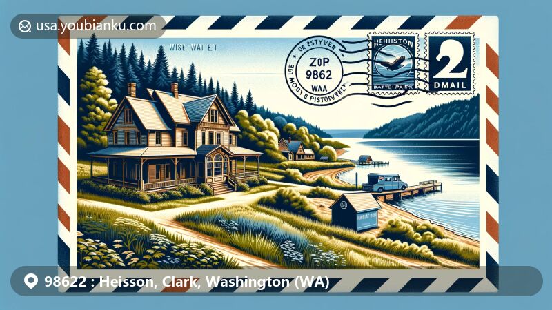 Modern illustration of Heisson, Clark County, Washington, featuring historic Henry Heisen House, Battle Ground Lake State Park, and postal theme with ZIP code 98622.