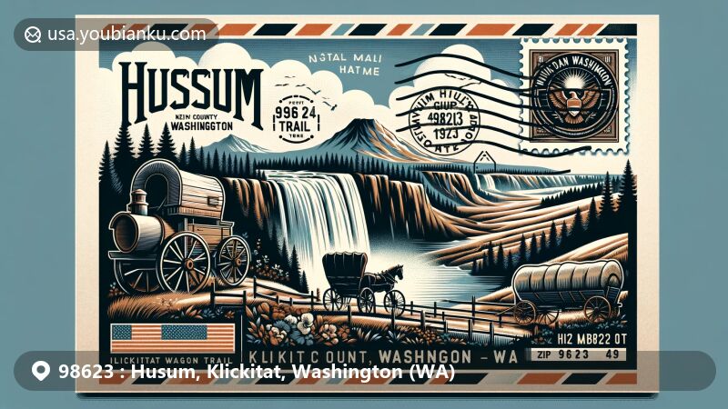 Modern illustration of Husum, Klickitat County, Washington, styled as a creative postcard with Husum Falls and Weldon Wagon Trail symbolism, featuring postal elements and ZIP code 98623.