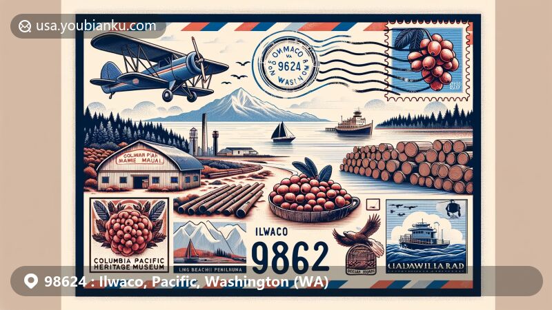 Modern illustration of Ilwaco, Washington, featuring vintage air mail envelope highlighting local symbols like Columbia Pacific Heritage Museum and cranberries.