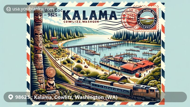Modern illustration of Kalama, Cowlitz, Washington, featuring the Port of Kalama with a tall totem pole, riverfront amenities, and historic railroad elements, set against lush greenery and the Columbia River, in a vintage air mail envelope design with ZIP code 98625 and St. Joseph's Catholic Parish.