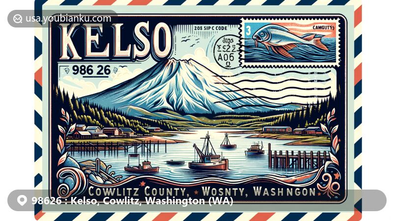 Modern illustration of Kelso, Cowlitz County, Washington, featuring Mount St. Helens, Cowlitz River, and homage to smelt fishing, known as the 'Smelt Capital of the World,' with postal elements including a stamp and postmark of ZIP code 98626.