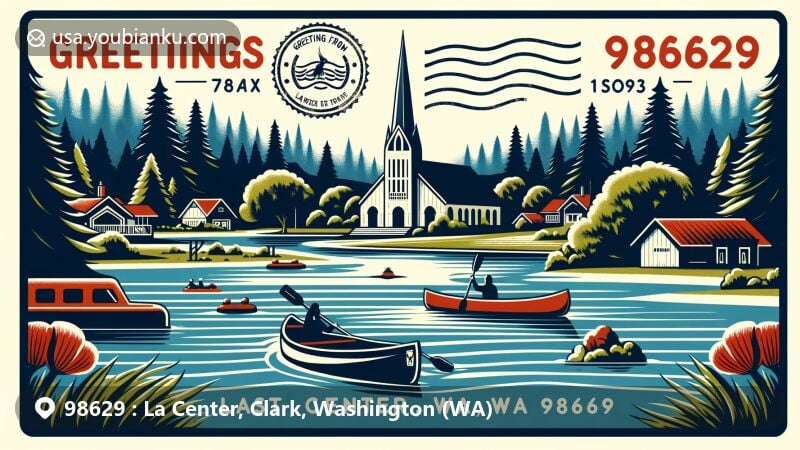 Modern illustration of La Center, Clark County, Washington, featuring emblematic elements such as the East Fork Lewis River for outdoor activities, surrounding forests for natural beauty, and Highland Lutheran Church for historical significance. Includes a postal theme with clear space saying 'Greetings from La Center, WA 98629'