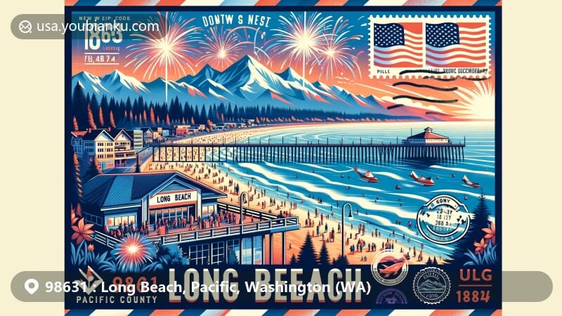 Modern illustration of Long Beach, Pacific County, Washington, vividly portraying the Pacific Ocean, Olympic Mountains, and the vibrant community life with a festive fireworks display and postal elements.