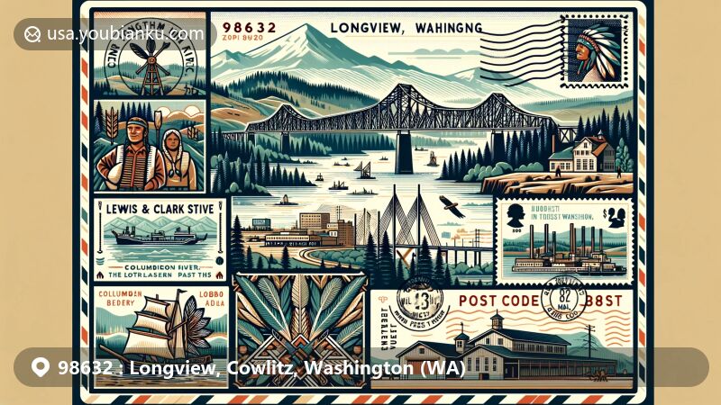Modern illustration of Longview, Cowlitz County, Washington, showcasing postal theme with ZIP code 98632, featuring Columbia River, Lewis and Clark Bridge, Cowlitz Indian Tribe elements, and Long-Bell Lumber Company.