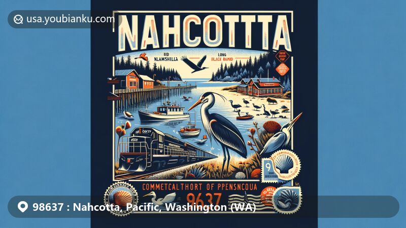Modern illustration of Nahcotta, Pacific County, Washington, capturing the essence of ZIP code 98637, showcasing Port of Peninsula's role in commercial fishing and shellfish operations, featuring Clamshell Railroad, wildlife from Willapa Bay, postal theme with ZIP code 98637, and vibrant natural landscape.