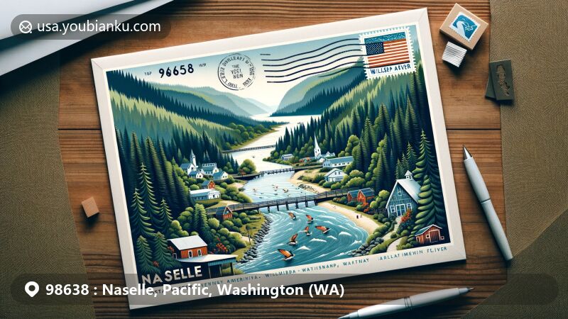 Modern illustration of Naselle, Pacific County, Washington, encapsulating the town's lush forests, fishing industry, and Finnish-American culture, featuring Willapa Hills, Naselle River, and ZIP code 98638.
