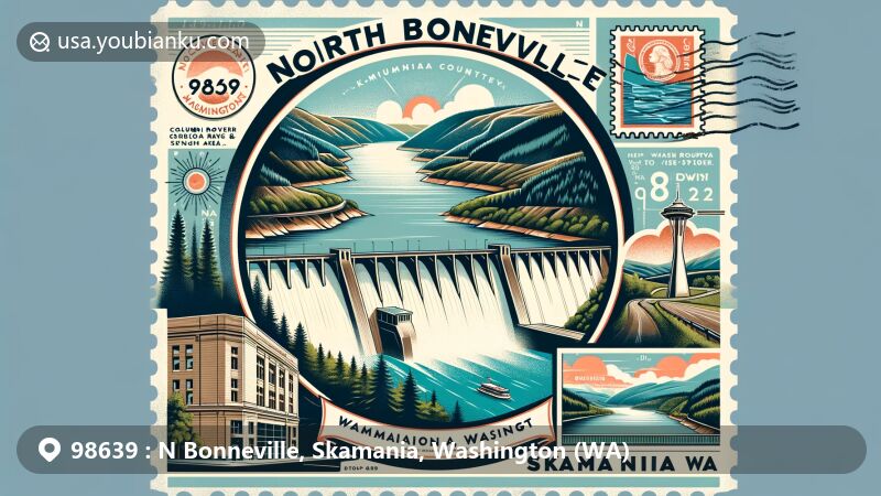 Modern illustration of North Bonneville, Skamania County, Washington, with ZIP code 98639, showcasing Bonneville Dam in Columbia River Gorge National Scenic Area with lush greenery and subtle integration of Skamania County outline.