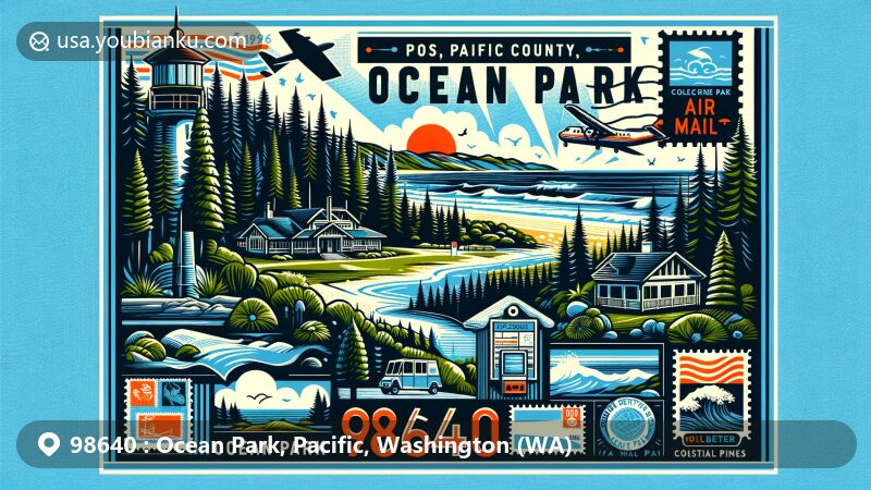 Modern illustration of Ocean Park, Pacific County, Washington, showcasing postal theme with ZIP code 98640, highlighting lush forests, Pacific Ocean, Willapa Bay, Pacific Pines State Park, Leadbetter State Park, Willapa National Wildlife Refuge, and a coastal golf course.