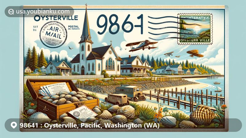 Modern illustration of Oysterville, Pacific County, Washington, featuring postal theme with ZIP code 98641, showcasing Oysterville Church, oyster beds in Willapa Bay, and Clamshell Railroad stamp.
