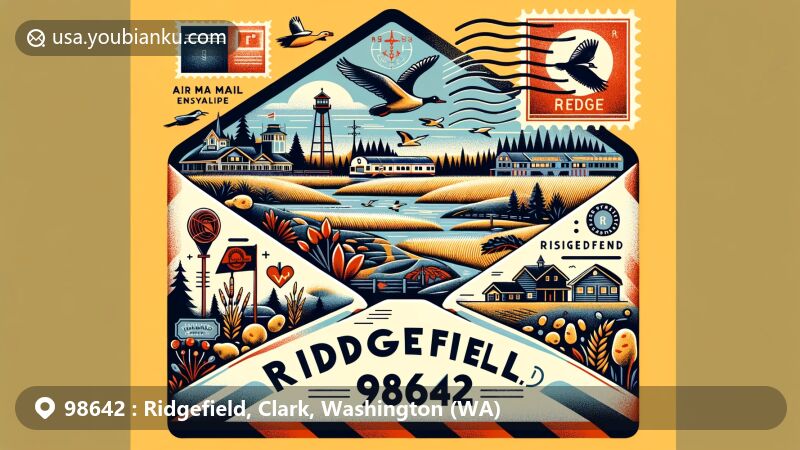 Modern illustration of Ridgefield, Clark, Washington, showcasing postal theme with ZIP code 98642, featuring Ridgefield National Wildlife Refuge, Columbia River, and agricultural heritage like potatoes, reflecting Ridgefield High School 'Spudders' mascot.