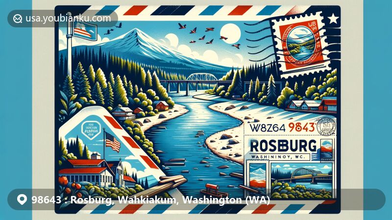 Modern illustration of Rosburg, Washington, highlighting ZIP code 98643, featuring Grays River and its scenic riverbanks, with elements of Washington state flag, postmark, and air mail envelope.
