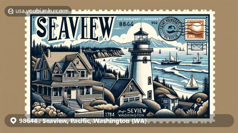 Vintage-style postcard illustration of Seaview, Pacific County, Washington, showcasing Cape Disappointment Lighthouse, North Head Lighthouse, and coastal charm, with Victorian homes and Clamshell Railroad legacy.