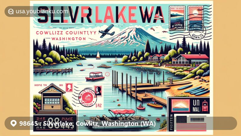 Vibrant illustration of Silverlake, Cowlitz County, Washington, featuring scenic Silver Lake and Mount St. Helens, with kayaks and pontoon boats on the water, cleverly integrating postal elements in a vintage air mail envelope design.