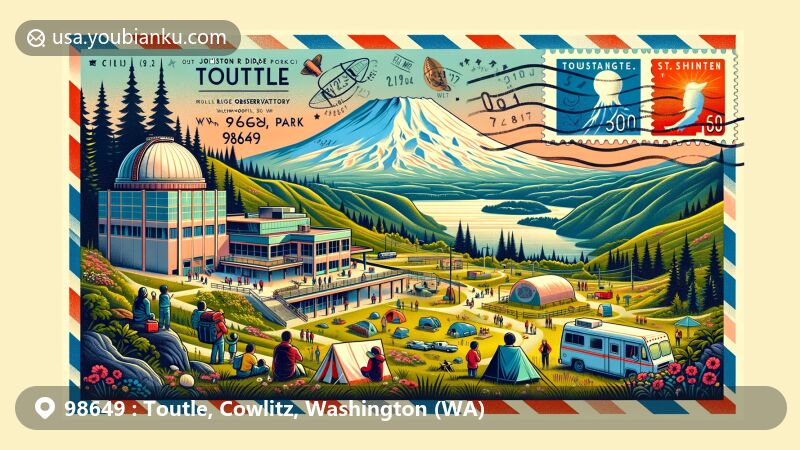 Creative illustration of Toutle, Washington, focusing on ZIP code 98649 and its ties to Mount St. Helens, Johnston Ridge Observatory, and Harry Gardner Park. Featuring postal elements like stamps and a postmark, set against Washington's scenic landscape.