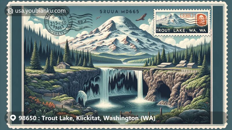 Modern illustration of Trout Lake, Washington, ZIP code 98650, featuring Mount Adams, Guler Ice Caves, natural bridge, and postal elements.
