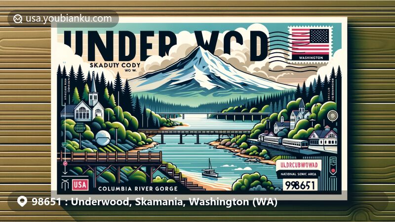 Modern illustration of Underwood, Skamania County, Washington, capturing the essence of ZIP code 98651, showcasing the confluence of Columbia River and White Salmon River, with Mount Hood in the backdrop.