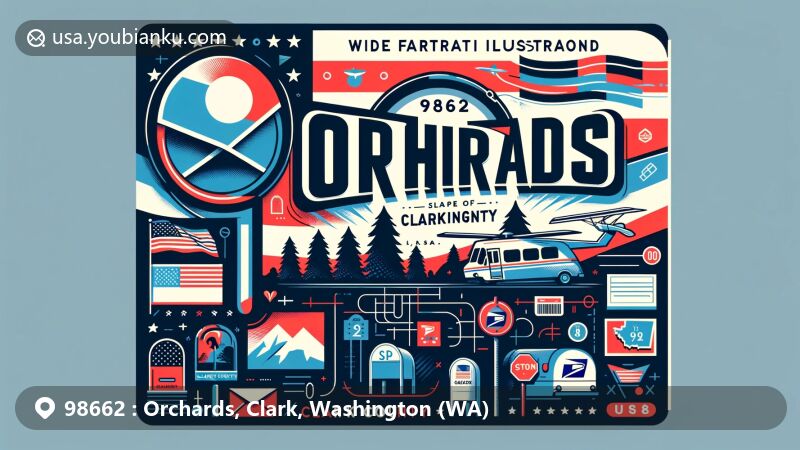 Modern illustration of Orchards, Clark County, Washington, showcasing postal theme with ZIP code 98662, featuring classic elements of American mail service like blue and red stripes, mailbox, and mail truck, along with local landmarks like evergreen trees and imagery of Fort Vancouver.