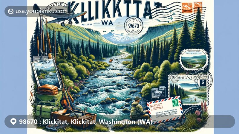 Modern illustration of Klickitat, Washington, highlighting ZIP code 98670 and seamless blend of scenic beauty with postal elements. Featuring Klickitat River, pine/oak forests, and Columbia River Gorge, accompanied by vintage air mail envelope, postage stamp, and postmark.