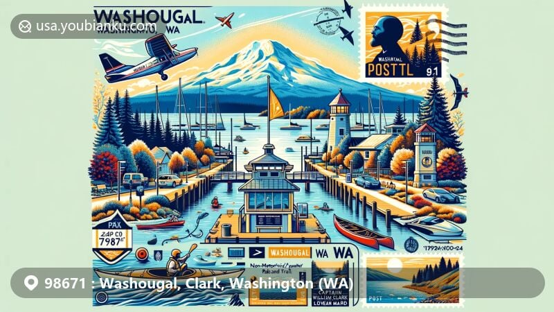 Modern illustration of Washougal area in Washington with ZIP code 98671, showcasing natural beauty and landmarks like Marina Park with view of Mt. Hood, Washougal Waterfront Park and Trail with kayak launch, and Captain William Clark Park, blended with postal themes like airmail envelope, Mt. Hood postage stamp, and 'First-Class Mail' markings.