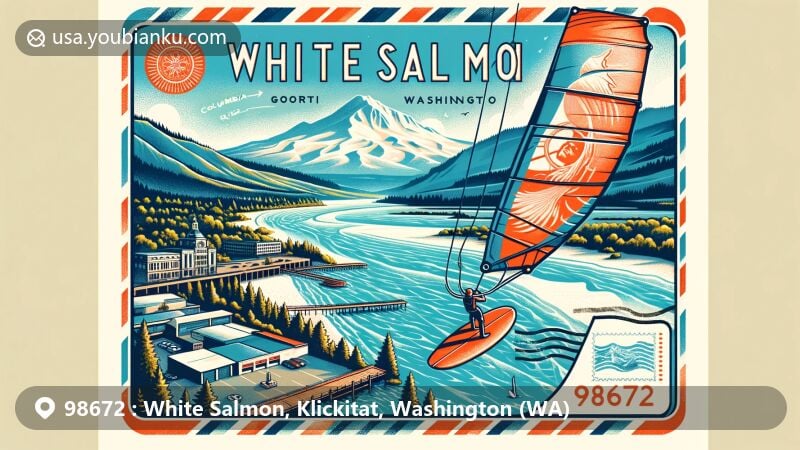 Modern illustration of White Salmon, Washington, 98672, featuring Columbia River Gorge, Mt. Hood, cityscape, Klickitat County map, windsurfing, and kiteboarding. Captures natural beauty and local culture.