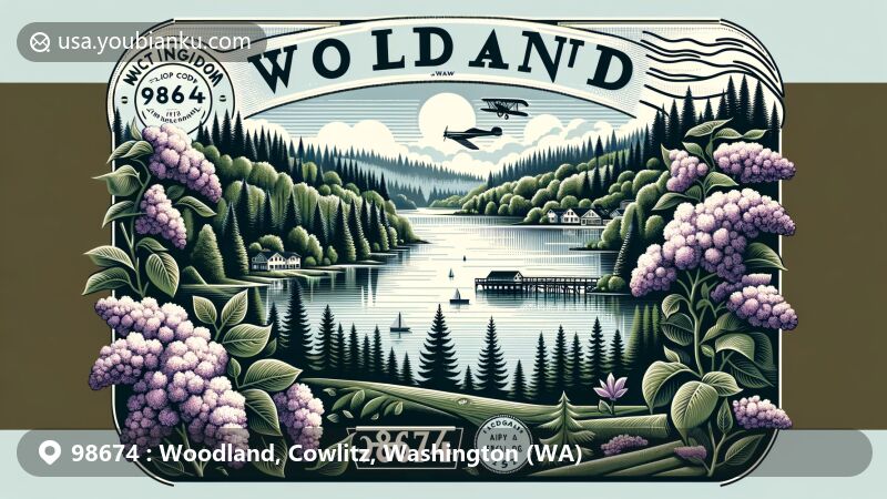 Modern illustration of Woodland, Washington, with ZIP code 98674, highlighting lush forests, hills, and lakes, paying tribute to Hulda Klager 'Lilac Lady', known for breeding lilacs. Features serene Pacific Northwest landscape and postal theme.