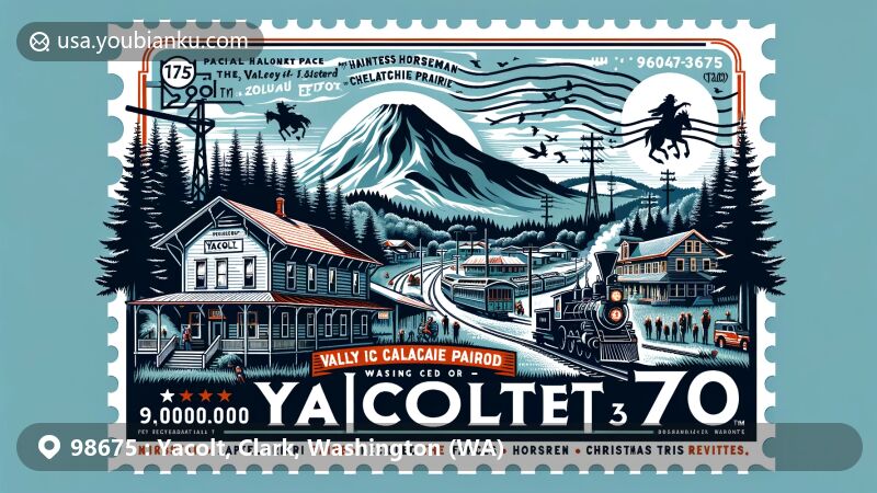 Modern illustration of Yacolt, Washington, ZIP code 98675, capturing the Cascade Mountains backdrop and Mt. St. Helens shadow, highlighting town's nature connection with Chelatchie Prairie Railroad history, Headless Horseman Train Ride, and Christmas Train Ride events.