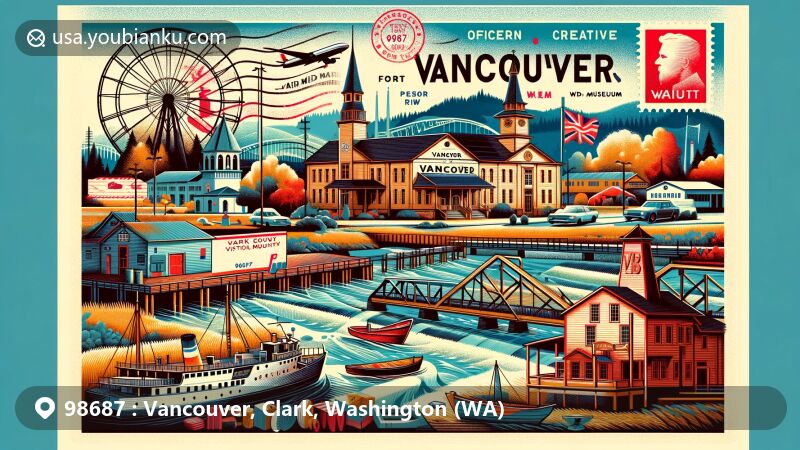 Contemporary depiction of Vancouver, Washington, blending historical landmarks like Fort Vancouver and Officers Row with postal elements in vintage air mail envelope style.