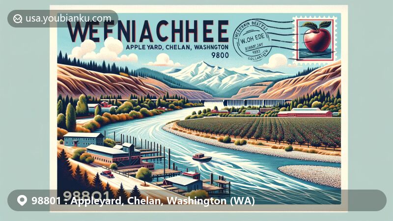 Modern illustration of Appleyard, Chelan, Washington, featuring Wenatchee as the county seat and 'Apple Capital of the World,' with Wenatchee and Columbia rivers meeting at the Cascade Range foothills, showcasing apple orchards and the Rock Island Dam.