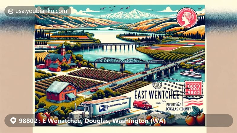 Modern illustration of East Wenatchee, Douglas County, Washington, with ZIP code 98802, featuring Columbia River panorama, historic bridge, postal elements, and orchards.