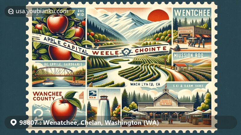 Modern illustration of Wenatchee, Chelan County, Washington, showcasing postal theme with ZIP code 98807, featuring Apple Capital Loop Trail, Ohme Gardens, Mission Ridge Ski and Board Resort, Pybus Public Market, and Columbia River elements.