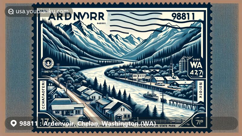 Modern illustration of Ardenvoir, Chelan County, Washington, showcasing postal theme with ZIP code 98811, featuring Entiat River, surrounding peaks, and proximity to Columbia River and Lake Chelan State Park.