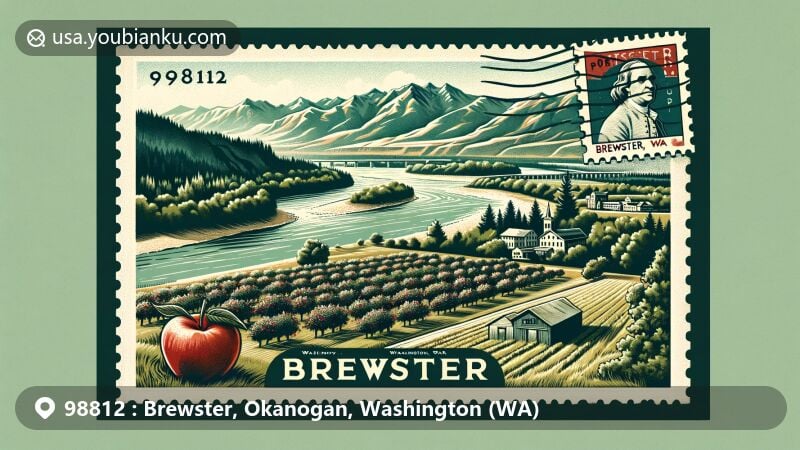 Vintage-style postcard illustration of Brewster, Washington, showcasing Columbia River, orchard, and Washington state flag stamp, highlighting city's history and agricultural heritage.