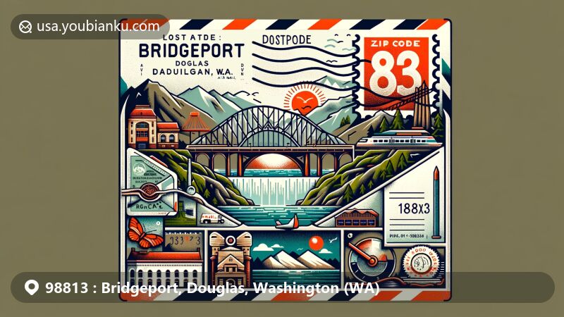 Modern illustration of Bridgeport, Douglas County, Washington, highlighting postal theme with ZIP code 98813, incorporating Chief Joseph Dam and Columbia River Bridge, and reflecting the area's extreme temperatures and seasonal variation.