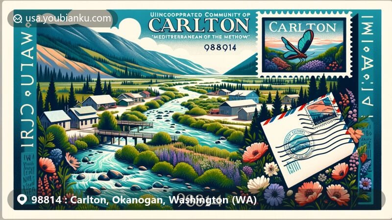 Modern illustration of Carlton, Washington, in Okanogan County, featuring the Methow River and lush landscapes, known as the 'Mediterranean of the Methow,' with a postal theme showcasing ZIP code 98814.
