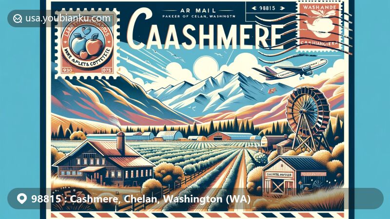 Modern illustration of Cashmere, Chelan, Washington, featuring Liberty Orchards and apple orchards, set against a backdrop of the Cascade Mountains and a warm-summer Mediterranean climate. The artwork is styled as an air mail envelope with postal elements, including a stamp of Cashmere Museum and Pioneer Village waterwheel, and a postal mark with ZIP Code 98815.