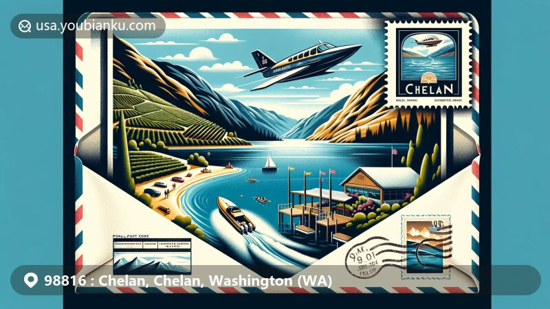 Modern illustration of Chelan, Washington (WA), representing postal theme with ZIP code 98816, highlighting Lake Chelan's recreational activities and winemaking tradition.