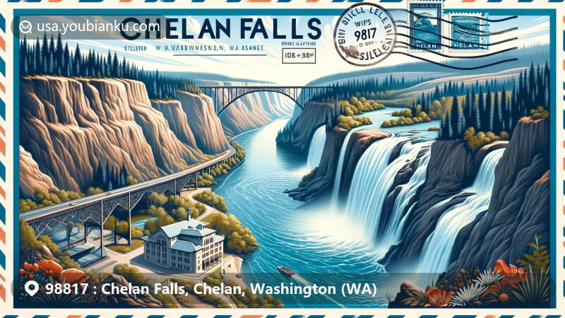 Modern illustration of Chelan Falls, Chelan, Washington, showcasing postal theme with ZIP code 98817, featuring scenic viewpoint of Chelan River Gorge and Beebe Bridge.