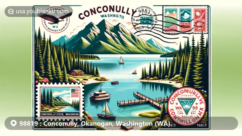 Modern illustration of Conconully, Washington, blending natural beauty with American postal heritage, featuring Conconully State Park, freshwater lakes, forests, mountains, and postal symbols like a stamp, postmark, and ZIP code 98819.