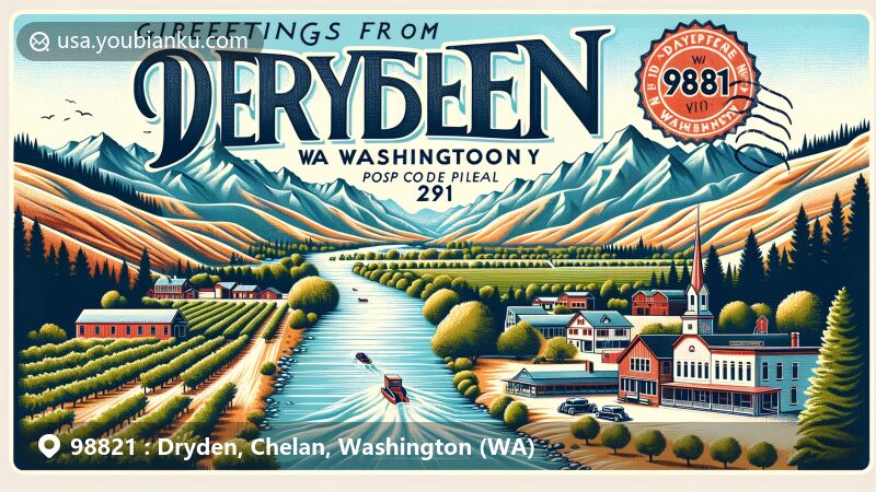 Vintage-style illustration of Dryden area in Chelan County, Washington, with Wenatchee River, orchards, and historic town, reflecting agricultural heritage and early 20th-century development.
