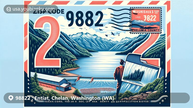Modern illustration of Entiat, Chelan County, Washington, featuring Lake Entiat, Rocky Reach Dam on the Columbia River, seniors' mountain painting tradition, vintage air mail envelope design with postal elements and ZIP code 98822.