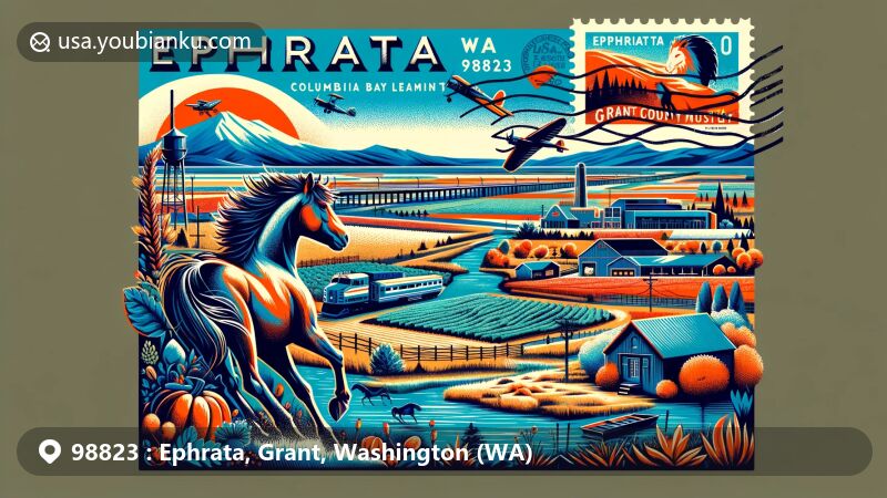 Modern illustration of Ephrata, Grant County, Washington, featuring ZIP code 98823, desert landscape, wild horses, Columbia Basin Reclamation Project, and agricultural elements, with landmarks like Grant County Historical Museum, and postal motifs such as vintage air mail envelope, local scenery stamps, 'Ephrata, WA 98823' stamp, and wild horse silhouette.