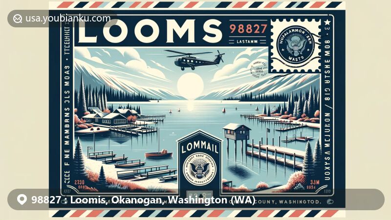 Modern illustration of Loomis, Washington, highlighting postal theme with ZIP code 98827, featuring iconic Washburn Lake and scenic beauty of the area.