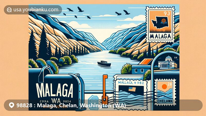 Modern illustration of Malaga, Washington, showcasing postal theme with ZIP code 98828, highlighting Columbia River, Chelan County, and Washington state flag.