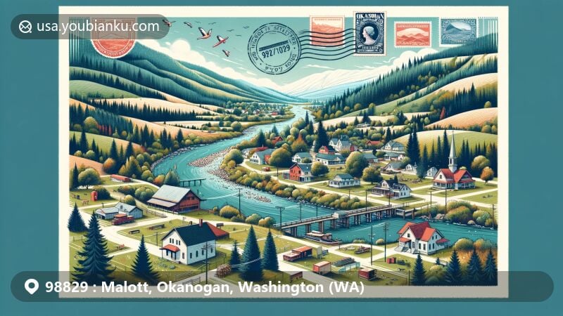 Modern illustration of Malott town in Okanogan County, Washington, showcasing tranquil natural surroundings with lush forests, rolling hills, and postal heritage elements like vintage mail envelopes, stamps, and a postmark with ZIP Code 98829.
