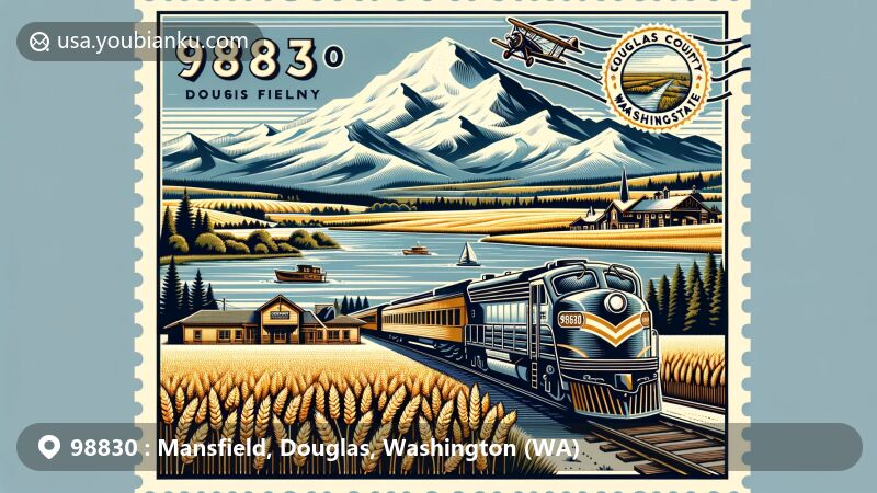 Wide-format illustration of Mansfield, Douglas County, Washington State, featuring snow-capped Cascade Mountains, golden wheat fields, vintage train, Jameson Lake, and postal theme with ZIP code 98830.