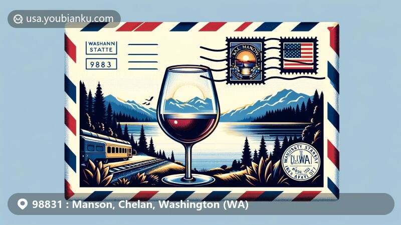Modern illustration of Manson, Chelan County, Washington, featuring airmail envelope with Lake Chelan view and wine glass, integrating Washington state flag and Chelan County outline, showcasing Manson's wine industry with a postage stamp displaying ZIP code 98831 and postmark.