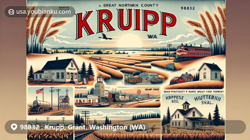 Vintage-style postcard illustration of Krupp (Marlin), WA 98832, showcasing historical and geographical features including Crab Creek, wheat farms, post office, Great Northern Railway, Marlin Tavern, grain elevator, Hutterite community, and nod to 'Sunrise '71' rock festival.
