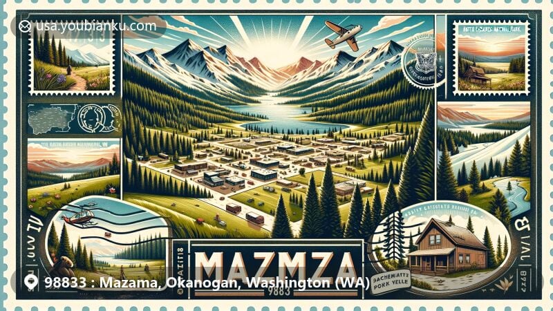 Modern illustration of Mazama, Washington, Okanogan County, showcasing ZIP code 98833, with North Cascades National Park backdrop, lush green fields, snow-capped mountains, and ponderosa pines.