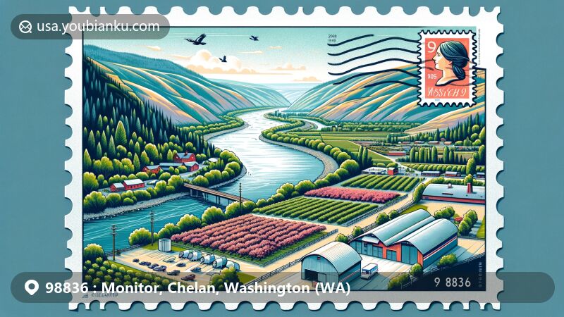 Modern illustration of Monitor, Washington, depicting ZIP Code 98836 and Wenatchee River, blending postal theme with local scenery and agricultural heritage.